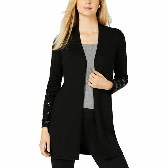 Alfani Sweaters - Alfani Petite Black Sequined Open Front Cardigan